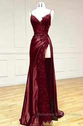 Wine Red V-Neclline Satin With Lace Long Semi Formal Prom Dress, Wine Red Leg Slit Party Dress